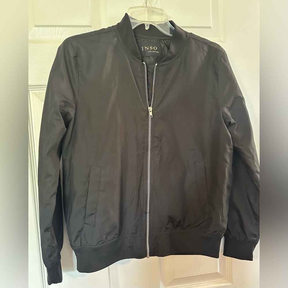 Black Bomber Jacket with Ribbed Collar and Relaxed Fit